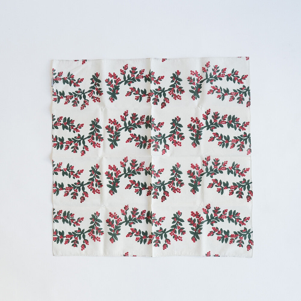 幸福のヤドリギ柄 インディアンブロックプリントハンカチ：インド製