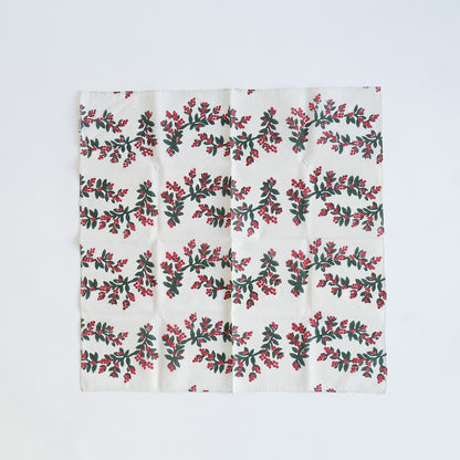 幸福のヤドリギ柄 インディアンブロックプリントハンカチ：インド製