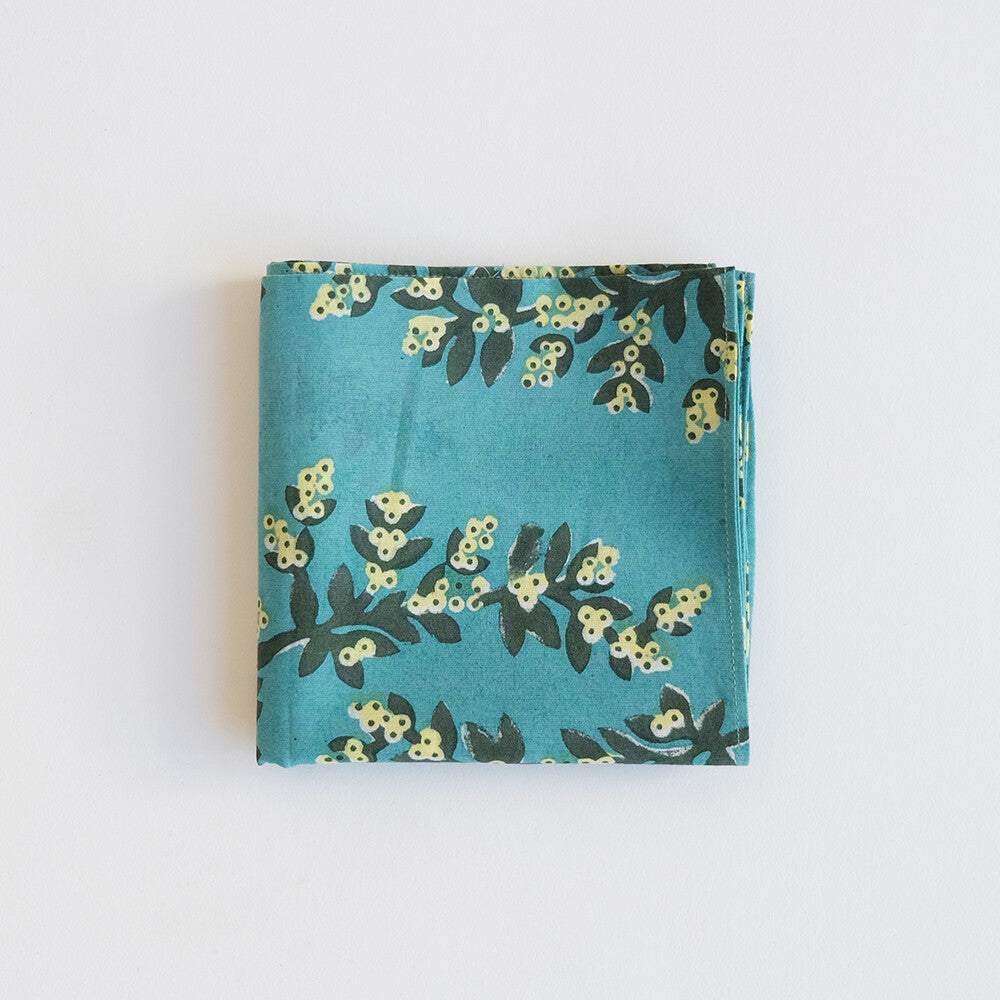 幸福のヤドリギ柄 インディアンブロックプリントハンカチ：インド製