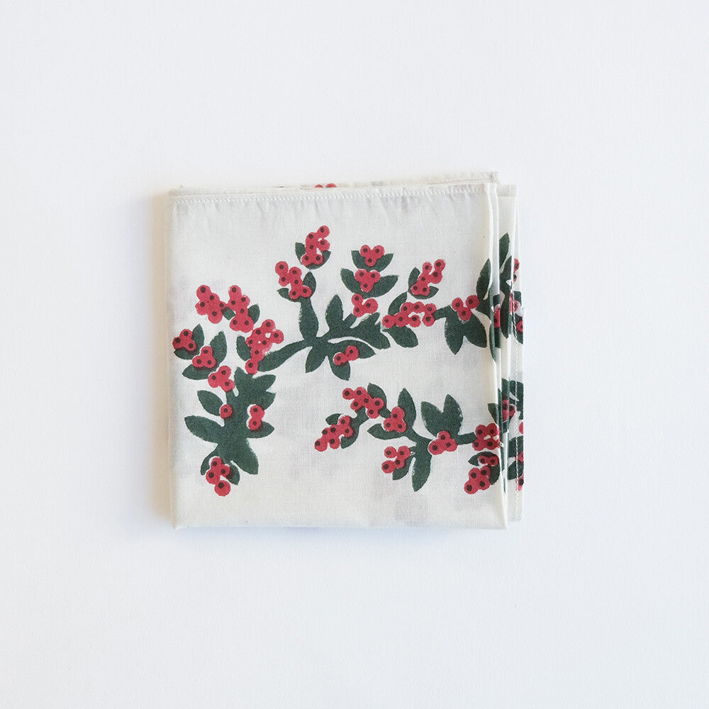 幸福のヤドリギ柄 インディアンブロックプリントハンカチ：インド製