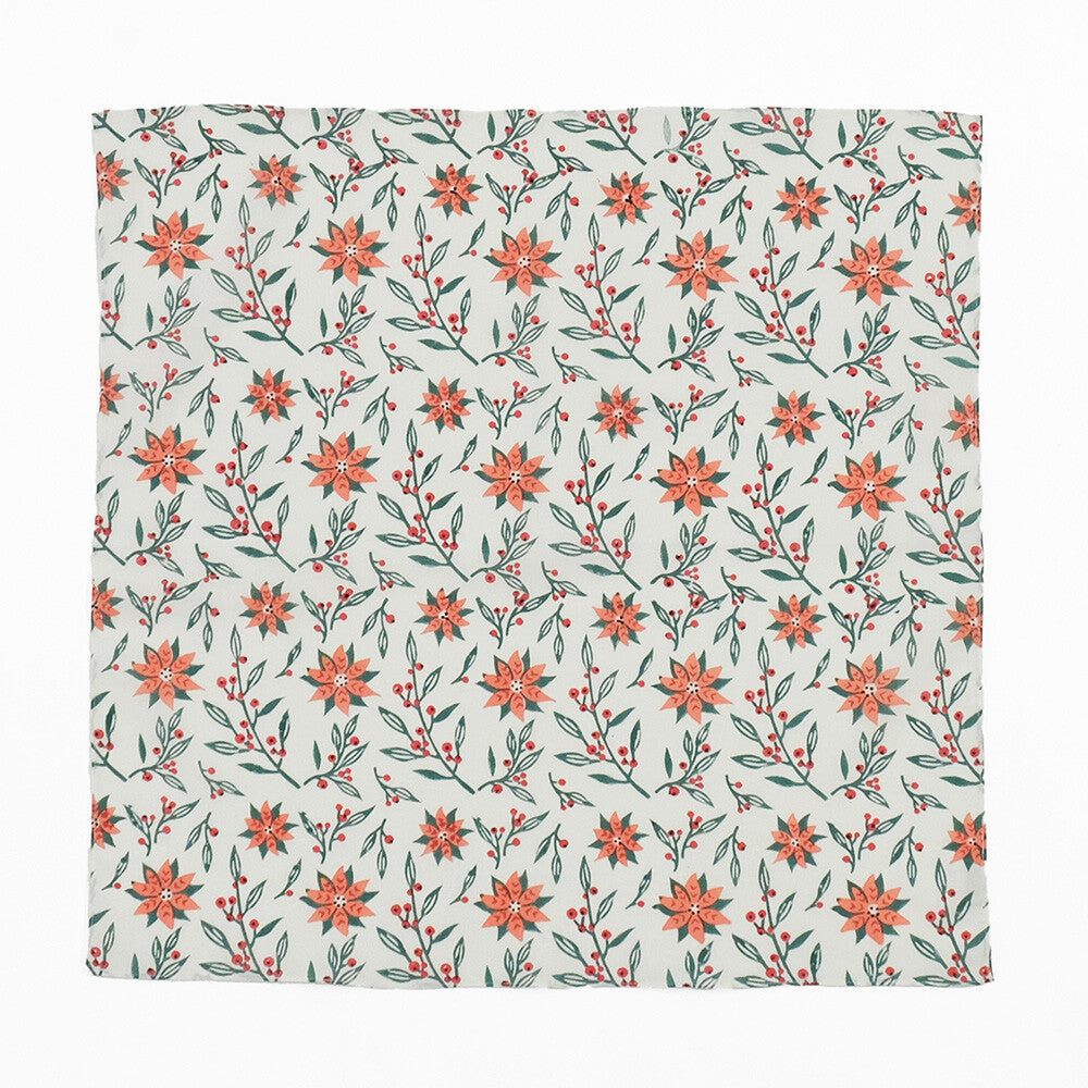 ポインセチア柄 インディアンブロックプリント ハンカチ：インド製