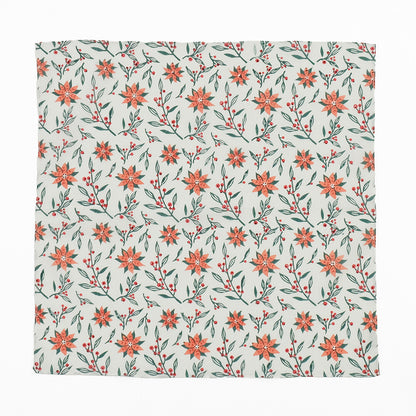 ポインセチア柄 インディアンブロックプリント ハンカチ：インド製