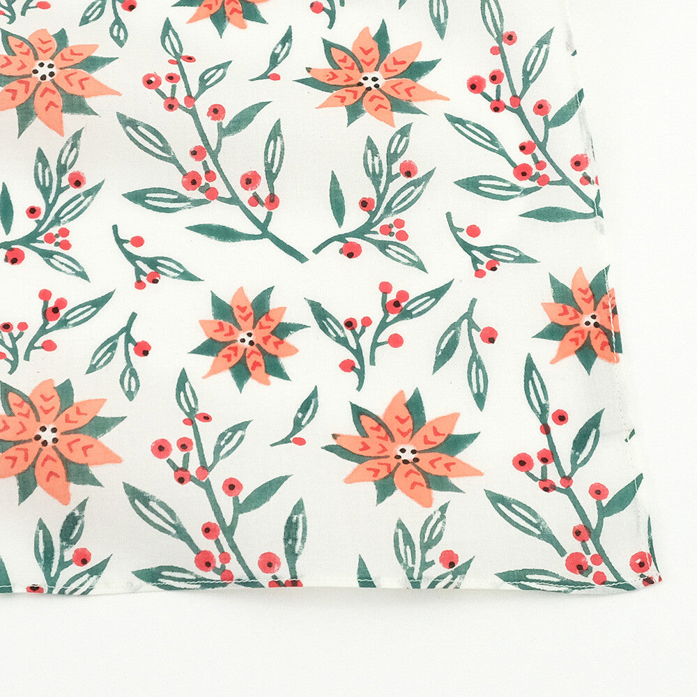 ポインセチア柄 インディアンブロックプリント ハンカチ：インド製