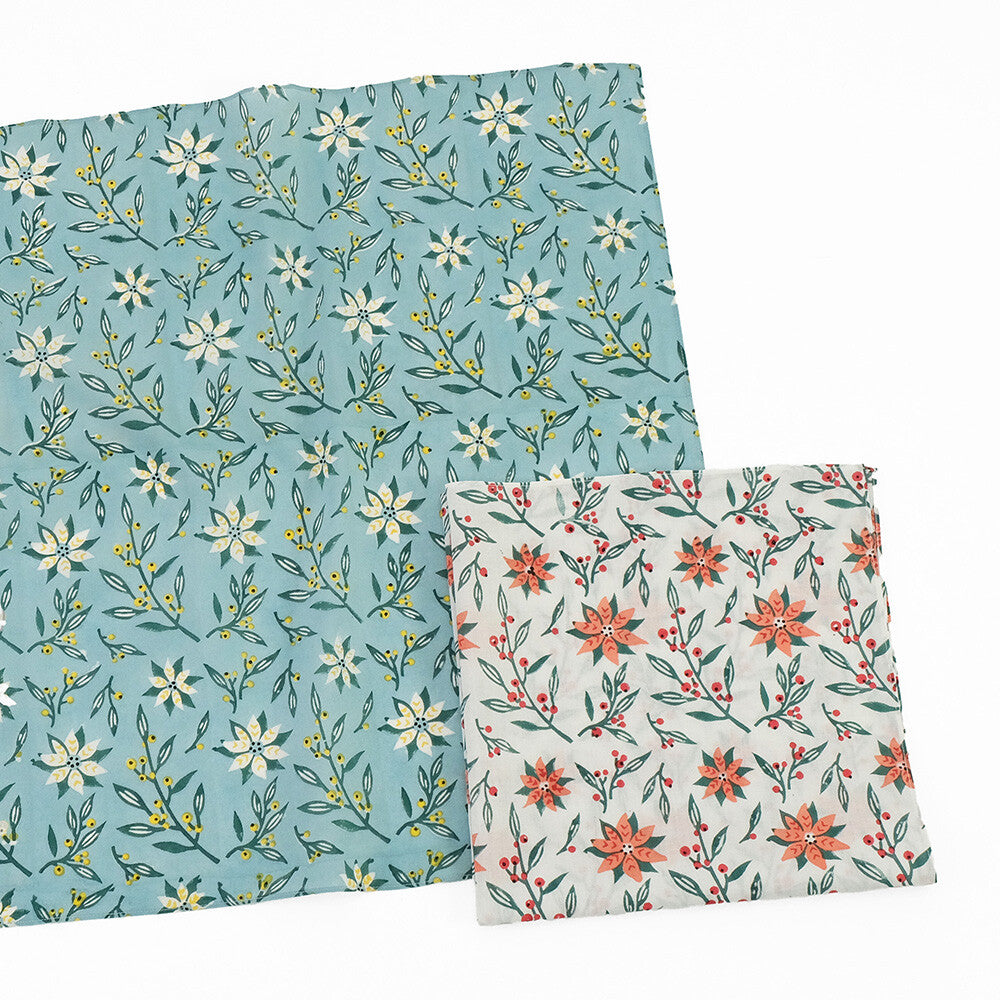 ポインセチア柄 インディアンブロックプリント ハンカチ：インド製