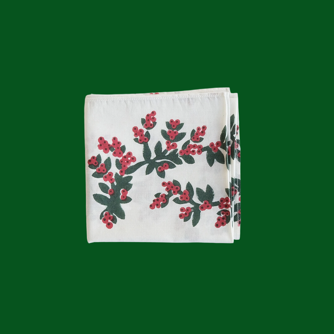 幸福のヤドリギ柄 インディアンブロックプリントハンカチ：インド製