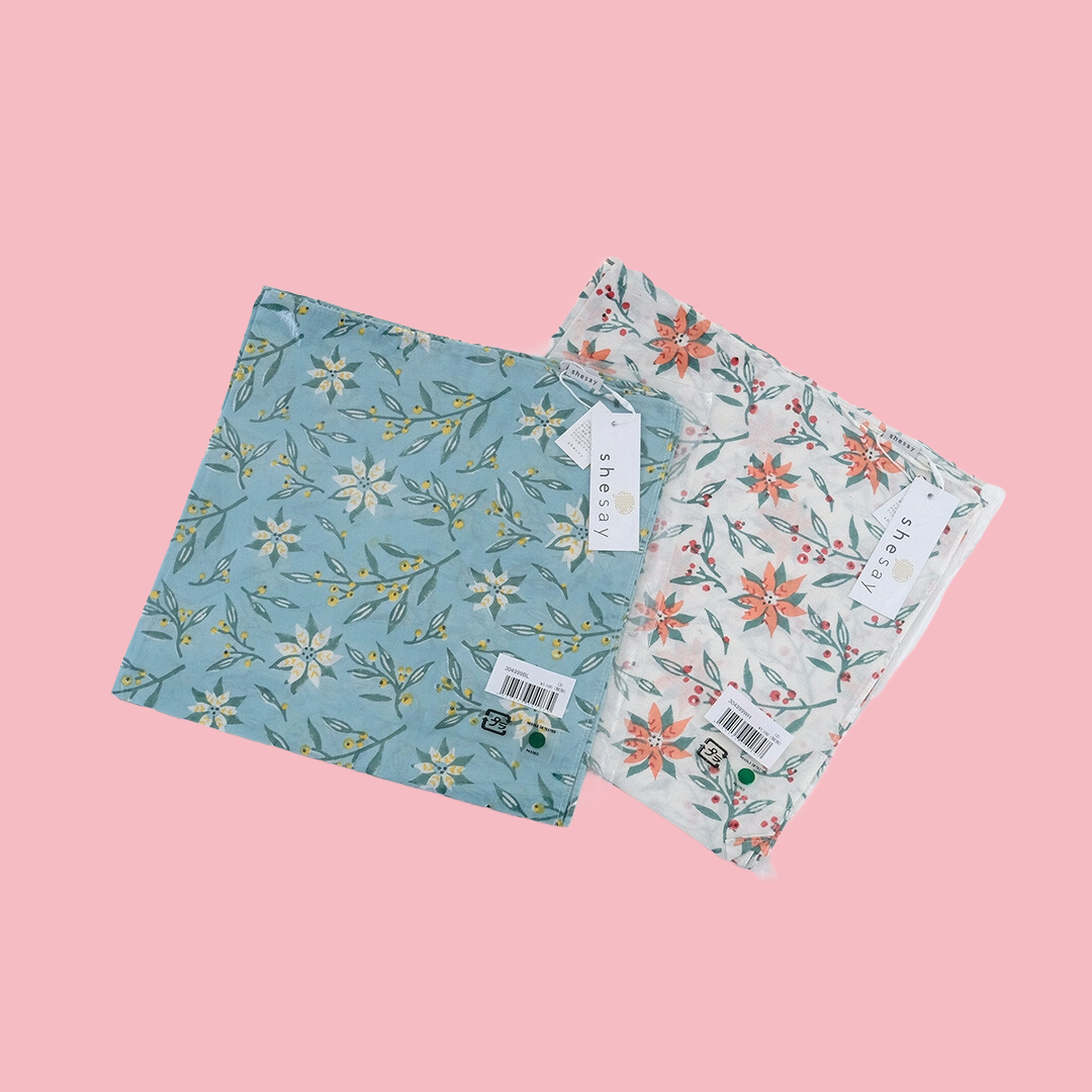 ポインセチア柄 インディアンブロックプリント ハンカチ：インド製